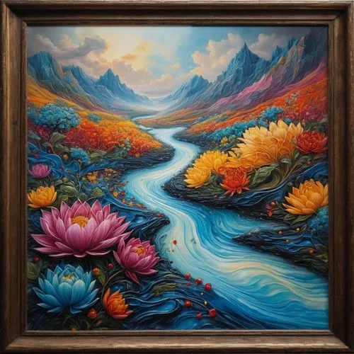 oil painting on canvas,oil on canvas,river landscape,flower painting,oil painting,floral frame,painting technique,laguna verde,art painting,flowerful desert,flower art,art,tulip festival,oasis,mountain scene,peony frame,koi pond,splendor of flowers,a river,floral and bird frame