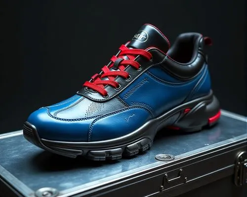 A sleek and futuristic shoe adorned with sleek red lace and shiny black tones sits on a polished metal shoebox, its soles showcasing a futuristic design. The shoe's leather is a vibrant blue, with int