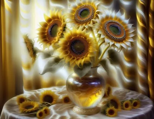 mesmerizing sunflower  in a beautiful vase,digital painting of several sunflowers in a vase,sunflowers in vase,sunflower paper,stored sunflower,sun flower,sunflower,sun flowers,Illustration,Realistic 