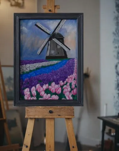 the painting on the easel in Amsterdam,flower painting,dutch windmill,flower art,painting technique,molen,tulip festival,windmill,the windmills,wind mill,art painting,dutch landscape,floral frame,kind