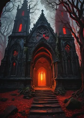 haunted cathedral,witch's house,hall of the fallen,necropolis,portal,haunted castle,ghost castle,the haunted house,halloween background,mausoleum ruins,castlevania,sepulchres,odditorium,haunted house,sepulchre,lair,crypts,mausolea,witch house,ravenloft,Illustration,American Style,American Style 15