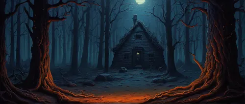 house in the forest,witch's house,witch house,haunted forest,hollow way,forest path,adventure game,forest chapel,forest background,forest dark,threshold,forest landscape,the woods,cartoon video game background,wooden path,the forest,devilwood,holy forest,black forest,the threshold of the house,Illustration,Realistic Fantasy,Realistic Fantasy 18