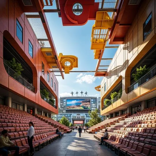 Vibrant stadium interior, irregular shapes, fragmented forms, deconstructivist architecture, exposed ductwork, colorful tubular structures, cantilevered seating areas, asymmetrical compositions, irreg