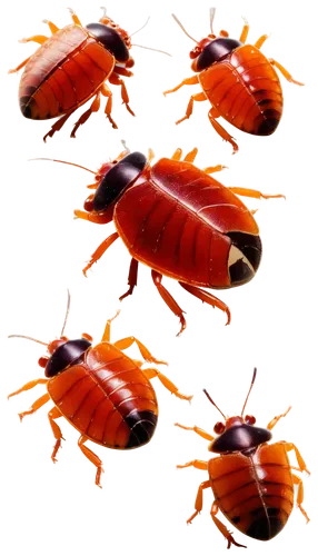 Bed bugs, multiple, scattered, close-up, detailed texture, shiny exoskeleton, reddish-brown color, six legs, oval-shaped body, tiny eyes, antennas, morning dew, soft natural light, 1/1 composition, hi