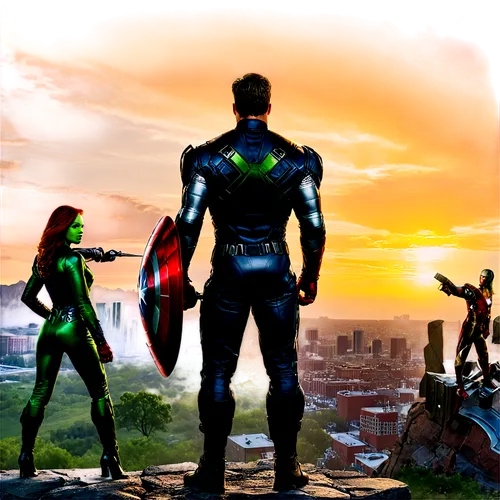 Iron Man, Captain America, Thor, Hulk, Black Widow, Hawkeye, standing back to back, heroic pose, metallic armor, star-spangled uniform, godly hammer, green skin, black leather jacket, archer bow, scen