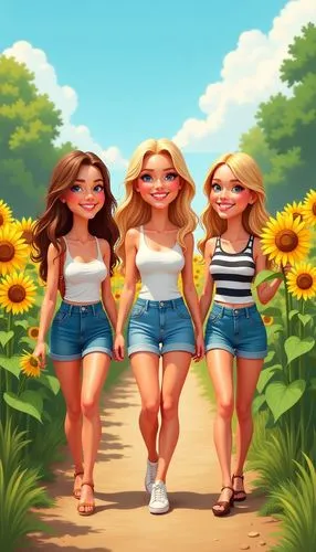 The image shows three young women walking through a field of sunflowers. They are all smiling and appear to be enjoying their time together. The woman in the middle is blonde, wearing a white tank top