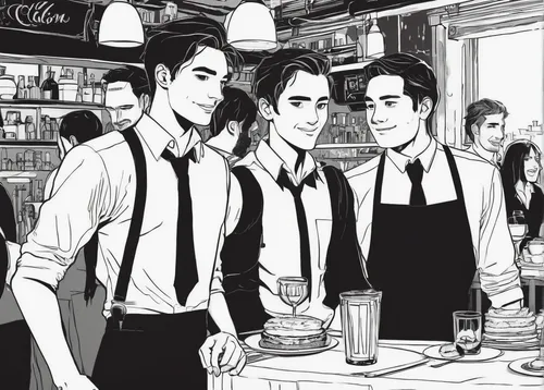 bartender,soda fountain,waiter,diner,the coffee shop,waiting staff,liquor bar,businessmen,barman,paris cafe,coffee tea illustration,drinking establishment,barista,bistro,the drinks,drinking party,soda shop,bar,business men,cafe,Illustration,Black and White,Black and White 12