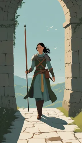 mulan,wander,the wanderer,adventurer,stroll,wanderer,swordswoman,woman walking,pathway,the path,archway,wind warrior,scythe,joan of arc,to the river,little girl in wind,pilgrimage,mountain guide,female warrior,robin hood,Illustration,Japanese style,Japanese Style 08