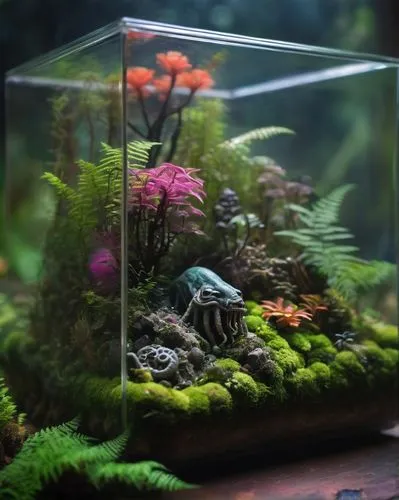 Rectangle terrarium, transparent glass walls, miniature trees, lush greenery, colorful flowers, small rocks, moss, ferns, misty atmosphere, soft warm lighting, natural texture, 3/4 composition, shallo