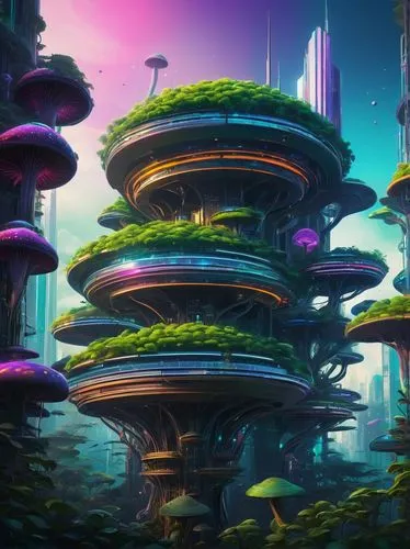 futuristic landscape,mushroom landscape,mushroom island,arcology,alien world,alien planet,ecotopia,terraformed,apiarium,habitats,biospheres,futuristic architecture,topia,futuristic,floating islands,homeworlds,scifi,cybertown,cyberia,homeworld,Illustration,American Style,American Style 06