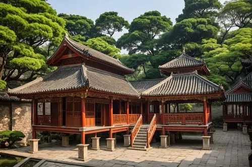 a row of buildings on a brick walkway,hyang garden,asian architecture,hanhwa,the golden pavilion,changgyeonggung palace,golden pavilion,Photography,General,Realistic