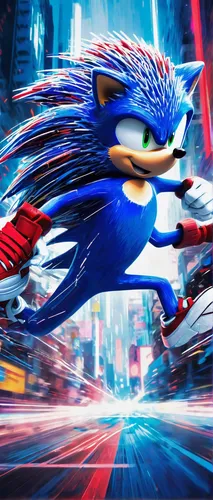 blue hedgehog, Sonic, dynamic pose, running, red sneakers, white gloves, spikes, action blur, glitch effect, digital artifacts, vibrant colors, cyberpunk environment, neon lights, futuristic cityscape