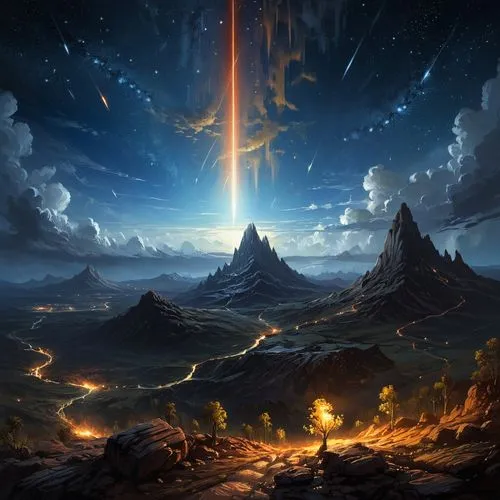 fantasy landscape,fantasy picture,volcanic landscape,northen light,burning earth,volcanic field,fantasy art,firmament,space art,alien world,meteor,fire planet,scorched earth,pillar of fire,alien planet,the pillar of light,futuristic landscape,torchlight,terraforming,pillars of creation,Conceptual Art,Fantasy,Fantasy 13