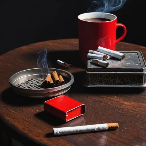 On a small wood table there are at Left side a half full pack of cigarettes lying on the table, at Middle up a red cup of smoking coffee, at middle down a classic metallic fire lighter lying on the ta