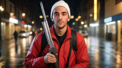 Male  adult wearing a red jacket and white beanie holding a weapon, Busy  city environment, Grunge style, raining, realistic,,man with umbrella,muslim background,abu,terrorist,man holding gun and ligh