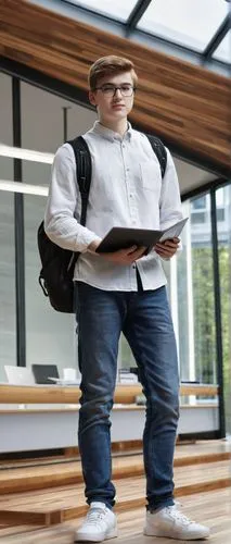 UCL engineering student, male, 20yo, casual wear, blue jeans, white shirt, sneakers, backpack, laptop, books, standing, indoors, UCL campus, modern architecture, glass walls, steel beams, wooden floor