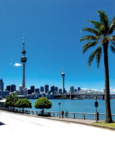 Auckland cityscape, panoramic view, daytime, blue sky, fluffy white clouds, Sky Tower, Harbour Bridge, ferry terminal, bustling streets, modern skyscrapers, glass and steel buildings, busy intersectio