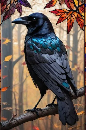 Realistic crow, black feathers, glossy texture, sharp beak, piercing eyes, solo, perched, branch, autumn forest, vibrant leaves, misty atmosphere, warm lighting, cinematic composition, shallow depth o