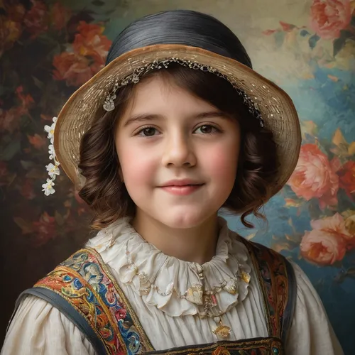 child portrait,bouguereau,girl wearing hat,portrait of a girl,girl portrait,young girl,emile vernon,girl with cloth,girl with bread-and-butter,girl in a historic way,mystical portrait of a girl,artist portrait,vintage female portrait,victorian lady,romantic portrait,portrait of christi,folk costume,girl in cloth,painter doll,young lady,Art,Classical Oil Painting,Classical Oil Painting 23