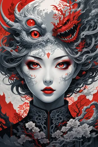 medusa,geisha girl,geisha,siren,red lantern,fire red eyes,amano,queen of hearts,shiva,fire siren,water lotus,koi,sci fiction illustration,the snow queen,the zodiac sign pisces,garuda,japanese art,the enchantress,deep coral,black rose hip,Photography,Artistic Photography,Artistic Photography 07