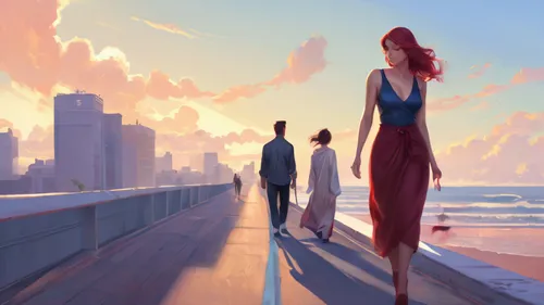 beach walk,transistor,promenade,loving couple sunrise,boardwalk,summer evening,world digital painting,seaside,honeymoon,walk on the beach,travelers,red summer,by the sea,the horizon,evening atmosphere,summer day,man in red dress,board walk,digital painting,exploration of the sea,Conceptual Art,Fantasy,Fantasy 03