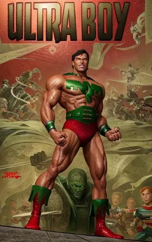 A handsome, muscular man with red spandex top, green belt, black briefs, green spandex pants, red and black boots,Legion of Super-heroes - Ultra Boy,ultraverse,utilityman,kilowog,bulletman,ultor,actio