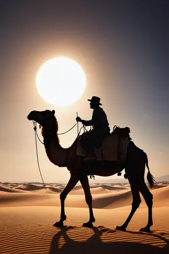 man riding camel silhouette with backlight on desert, the background solar eclipse,arabian camel,shadow camel,camel caravan,desert safari dubai,dromedaries,merzouga,libyan desert,dromedary,capture des