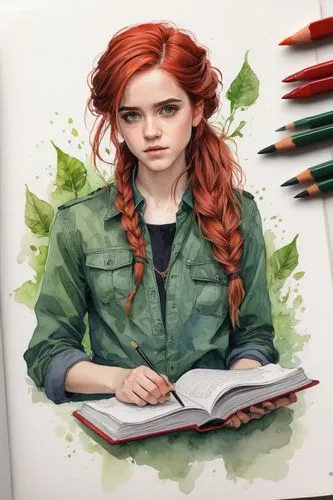 girl studying,girl drawing,red-haired,clary,color pencils,pencil color,copic,vector spiral notebook,merida,color pencil,bookworm,youth book,illustrator,book illustration,writing-book,colour pencils,bunches of rowan,author,rowan,sci fiction illustration,Illustration,Paper based,Paper Based 01