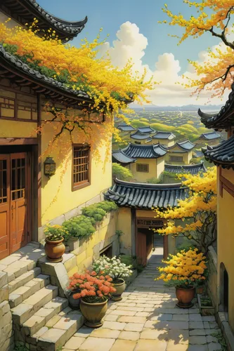 oriental painting,roof landscape,hanok,landscape background,japan landscape,korean folk village,home landscape,oriental,chinese art,world digital painting,south korea,asian architecture,chinese architecture,chinese background,hall of supreme harmony,chinese temple,forbidden palace,yunnan,the golden pavilion,autumn landscape,Illustration,Realistic Fantasy,Realistic Fantasy 04