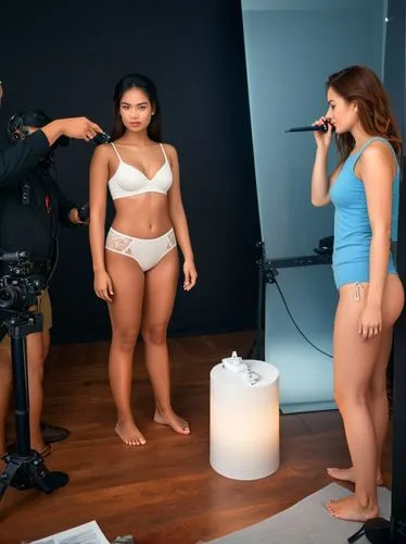 A model is being prepared for her next photo shooting.,a camera man films two women in underwear,video scene,commercial,shapewear,bts,boobytraps,thickset,Photography,General,Fantasy