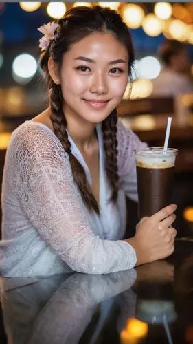 lowlight, city light, bokeh,woman at cafe,woman drinking coffee,vietnamese woman,barista,asian woman,coffee background,vietnamese iced coffee,girl with cereal bowl,cappuccino,vietnamese,waitress,japan