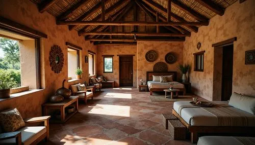 Rustic dormitory, pitched roofs, wooden shingles, terra cotta tiles, clay roofing, traditional vernacular architecture, earthy color palette, natural stone walls, wooden beams, cozy interior spaces, w