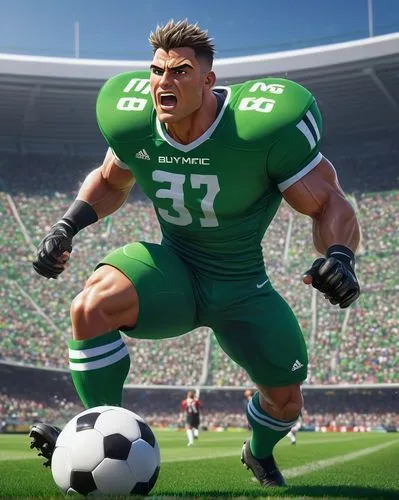 animated football player, dynamic movement, muscular man, athletic build, short spiky hair, sweat droplets, intense facial expression, wearing Nike jersey, Adidas cleats, shin guards, soccer ball at f