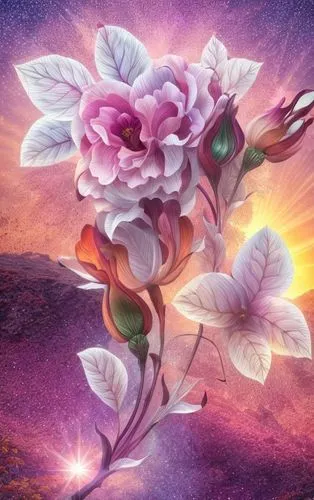 sunrise, add some sparkle animation,  a beautiful waterfall, purple color flower , brownish color of stem, greenish leaf,a painting of a purple flower and a sun,flowers png,cosmic flower,flower backgr