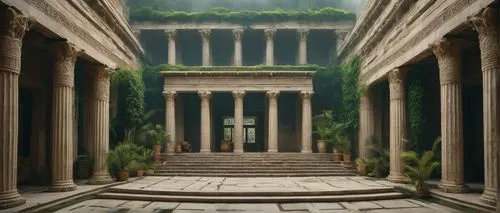 Ancient Greek temple, grandiose pillars, ornate carvings, intricate stone details, sprawling steps, massive bronze doors, vaulted ceilings, stained glass windows, lush greenery surroundings, misty atm