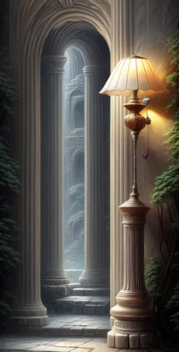 Plaster wall and ancient lamp,,the threshold of the house,fantasy picture,sci fiction illustration,illuminated lantern,fantasy art,the pillar of light,background image,threshold,lantern,world digital 