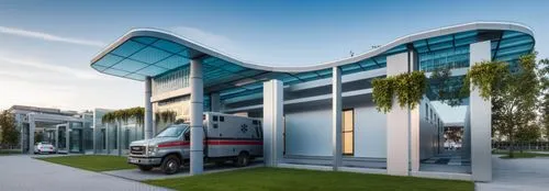 an ambulance parked in front of a modern building,cubic house,car showroom,mercedes museum,cube house,metaldyne,modern architecture,glass facade,morphosis,prefabricated buildings,smart house,glass bui