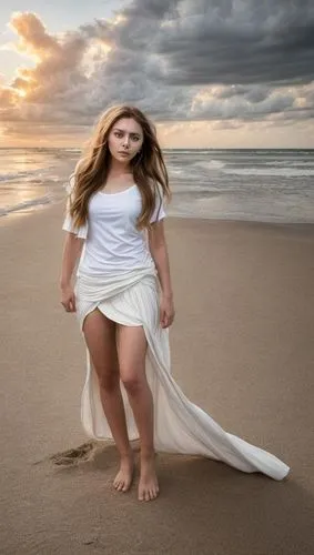 a portrait full body of a beautiful Elizabeth Olsen 25 years old brown hair, wearing a white printed T-shirt and white skirt stand up in the beach of Bahamas whit the city at sunset in a cloudy day as