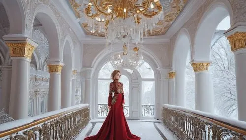 red gown,opulence,opulent,opulently,lady in red,ornate room,extravagance,hallway,catherine's palace,baccarat,grandeur,ostentatious,man in red dress,palatial,splendours,luxuriously,eveningwear,fairy tale,bedchamber,marble palace,Photography,Fashion Photography,Fashion Photography 01