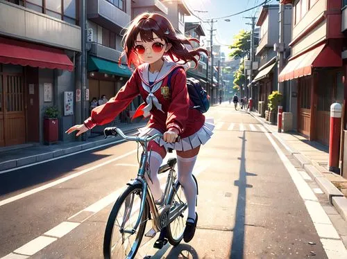 In a bustling Japanese city, a mid-school student with a scowl on her face rides a sleek silver bicycle on the side of a bright red Japanese-style road. Her white stockings and a bright red sailor uni