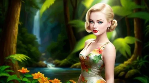 Romantic masterpiece oil painting, beautiful girl portrait, nostalgic 1950's style kitsch, vibrant rainforest landscape, lush tropical jungle paradise, beautiful natural scenery, lost wilderness cotta