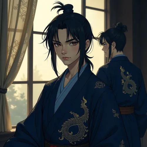 The image portrays a young man dressed in traditional East Asian attire, set in front of a window with delicate curtains. The man has smooth, fair skin and neatly styled dark hair, with part of it tie