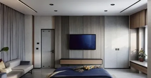 generate tv unit wall design with white fluting design on right side.,modern room,room divider,interior modern design,modern decor,contemporary decor,japanese-style room,modern living room,living room