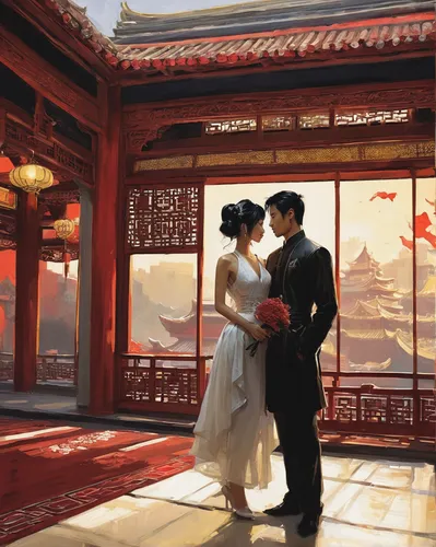 wedding banquet,oriental painting,chinese art,wedding couple,forbidden palace,dongfang meiren,korean culture,romantic portrait,wedding ceremony,oriental,world digital painting,chinese background,junshan yinzhen,wedding photo,romantic scene,the golden pavilion,oriental princess,loving couple sunrise,chinese style,korean drama,Illustration,Paper based,Paper Based 05