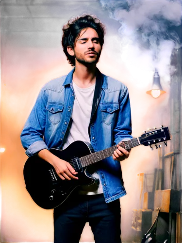 Melancholic musician, solo, (25yo), messy black hair, beard, worn-out denim jacket, white shirt, black jeans, sneakers, guitar, microphone, dim lighting, smoke-filled atmosphere, old warehouse, urban 