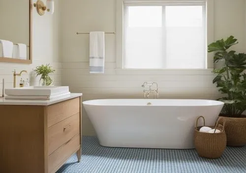 Put ornamental dI want the bathroom shades in contrasting colorsetails in the narrow closet
,a bathroom with a white and wood bathtub, blue tile floor, toilet, sink and window,bathtub,washlet,bath roo