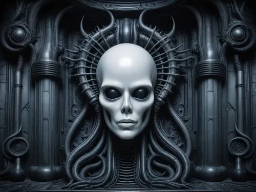 Background with H.R. Giger influence.,the face of an alien queen sitting in front of a futuristic structure,giger,biomechanical,endoskeleton,vecna,vieria,lateralus