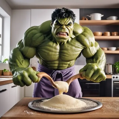 綠巨人浩克川廚師服很生氣地在廚房捶打麵團,a giant hulk figure being held over a pan of flour,hulking,incredible hulk,mastercook,hulked,frankenfood,hulk,hulka,baking mass,overcook,frankenfoods,grek,pancake batter,houseleek