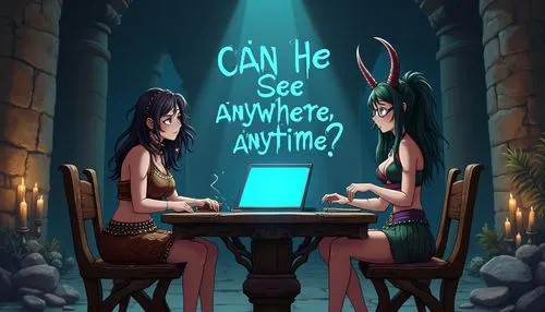 Draw in anime style: A stone chamber. On a table are arcane tools, books, candles, and a laptop computer with a blue screen.

Two women are seated next to each other on the same side of the table in f