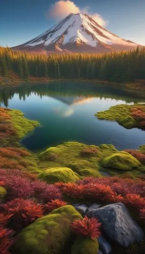 Quiet volcano, misty atmosphere, lush green vegetation, moss-covered rocks, majestic mountain peaks, snow-capped summit, gentle smoke rising from crater, serene lake in the foreground, calm ripples on